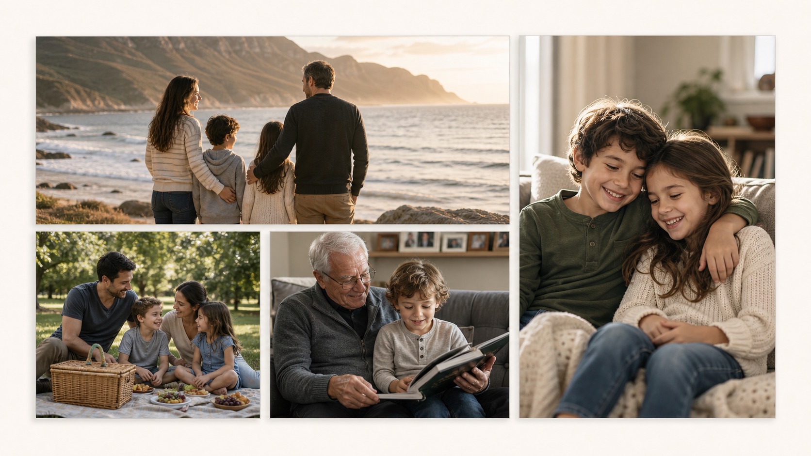 Family life and vacation memories arranged in an asymmetrical photo grid