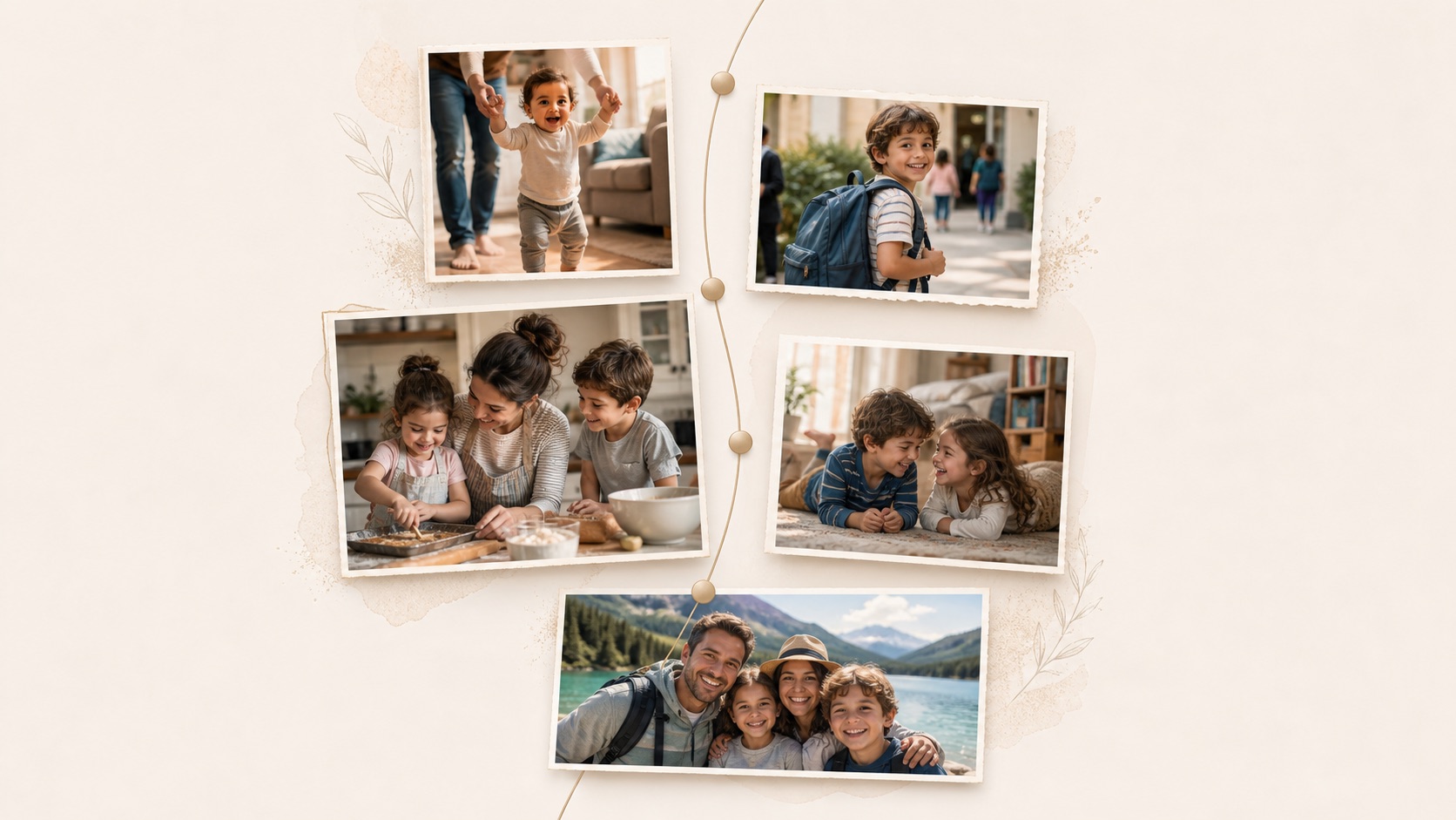 Growing-up family memories arranged in a vertical timeline collage