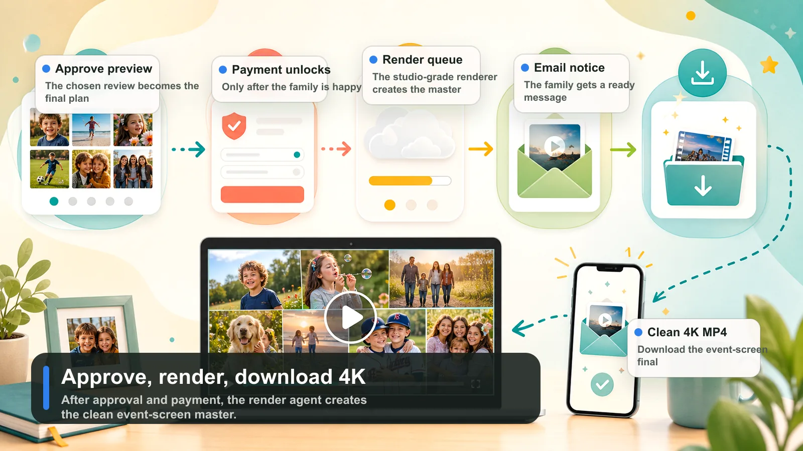 Illustrated final approval payment render and 4K delivery workflow