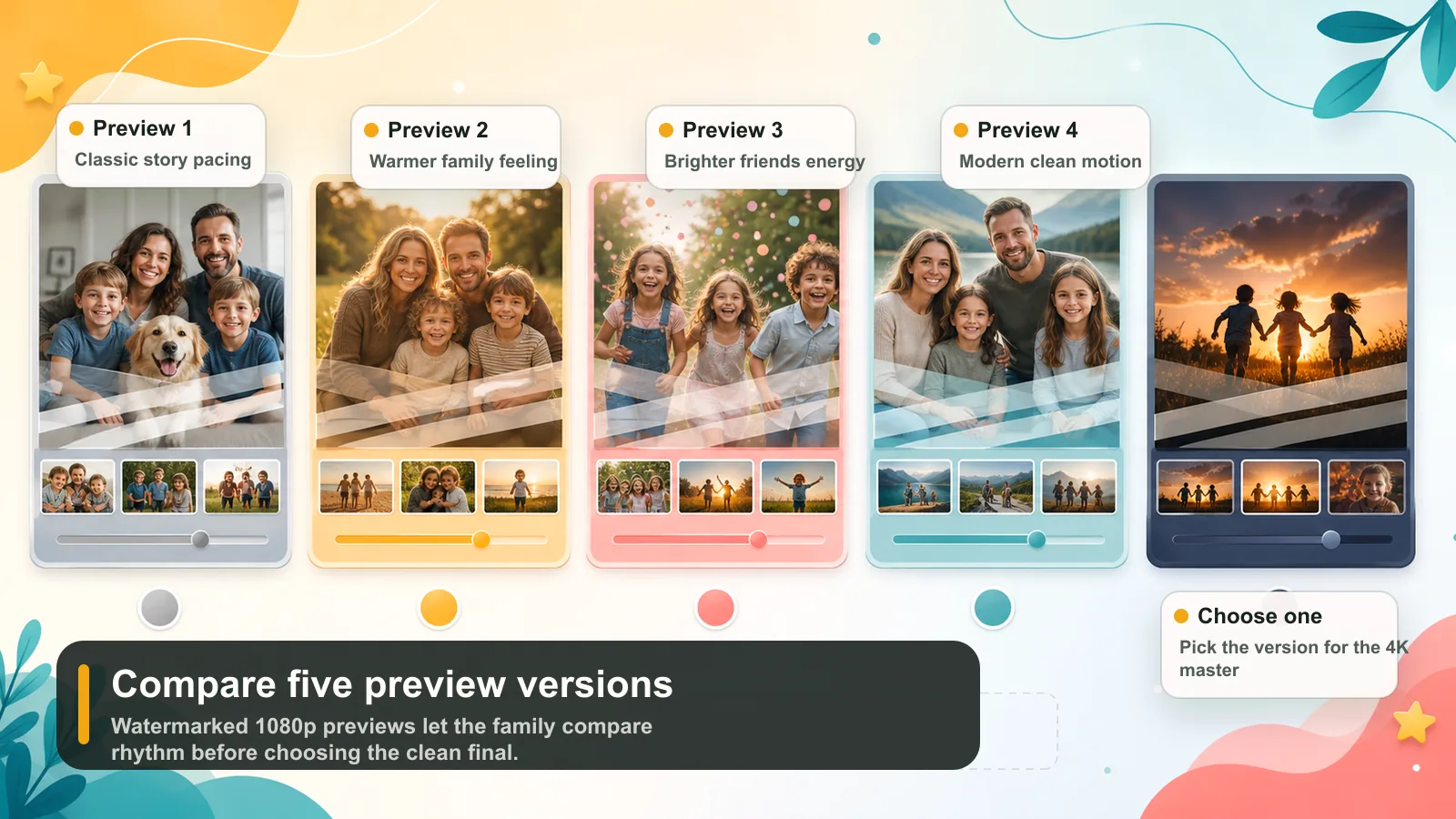 Illustrated comparison of five watermarked preview videos